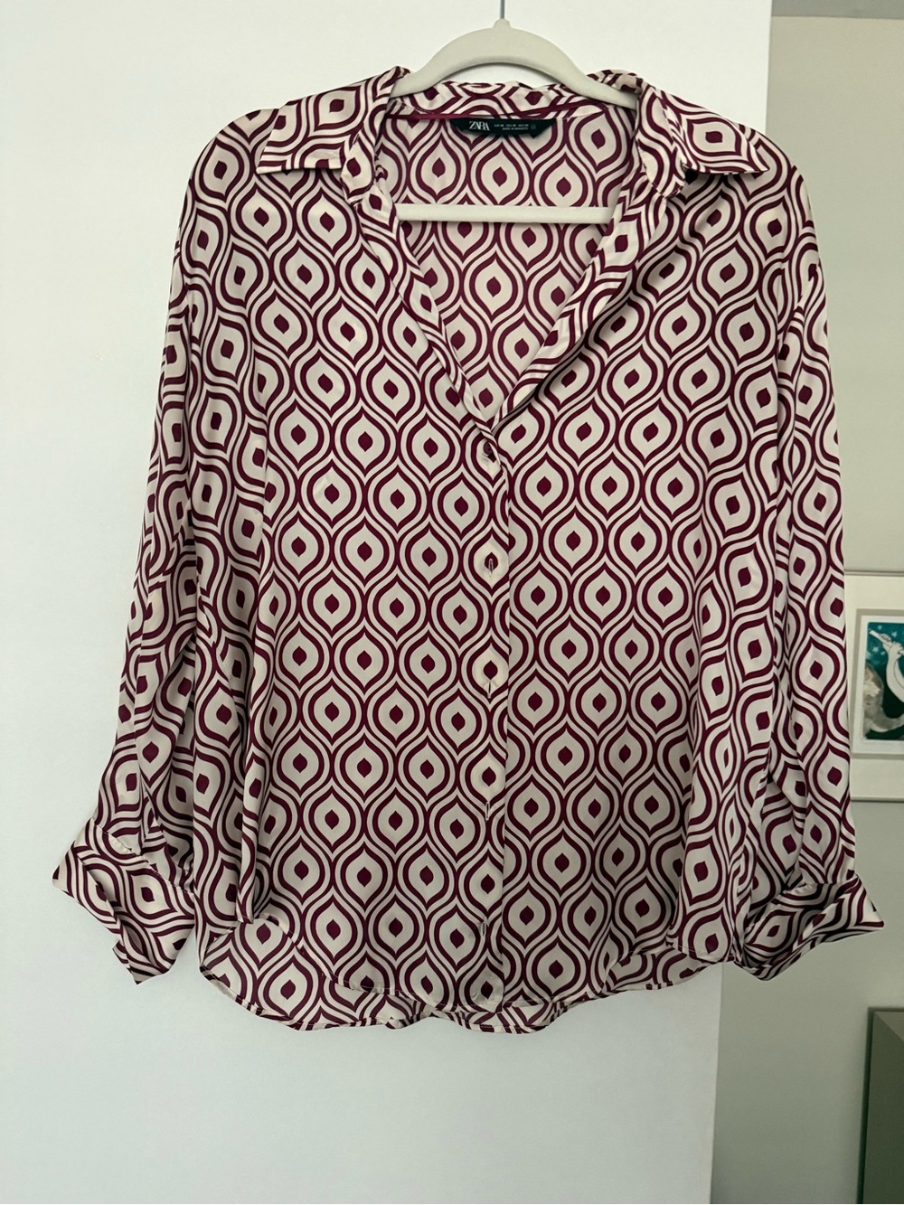 Zara Burgundy & Cream Geometric Print Blouse